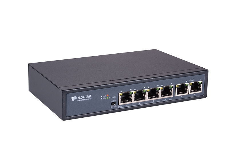 BDCOM S1006-4P-65 Unmanaged PoE switch 4 ports 100M, 2 ports 100M TX, desktop mount