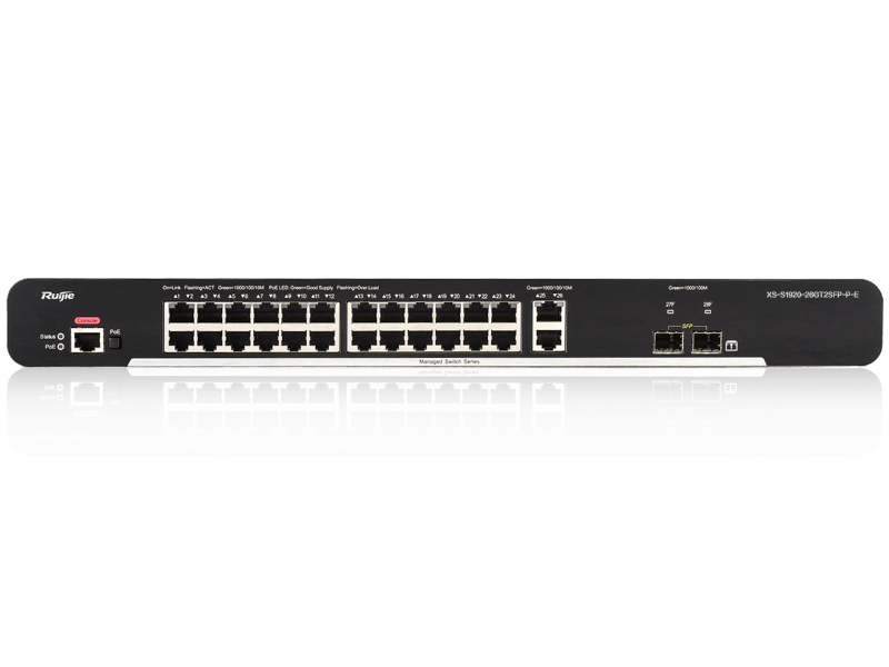 Ruijie XS-S1920-26GT2SFP-LP-E - Switch PoE+ gestionable L2 con 24 puertos gigabit y 2 puertos SFP. Cloud incluido.