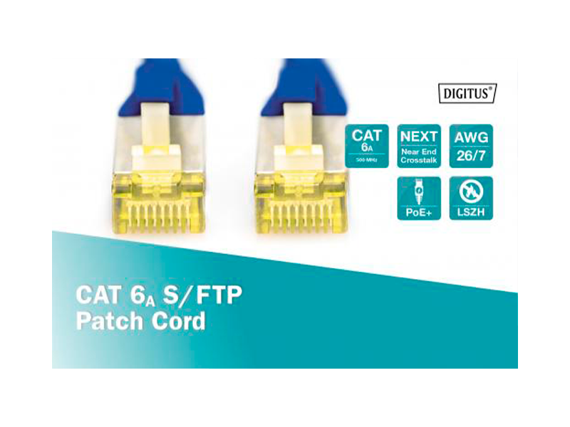 Cable de conexión Digitus CAT 6A S-FTP, Cu, LSZH AWG 26/7, longitud 0,25 m, color azul
