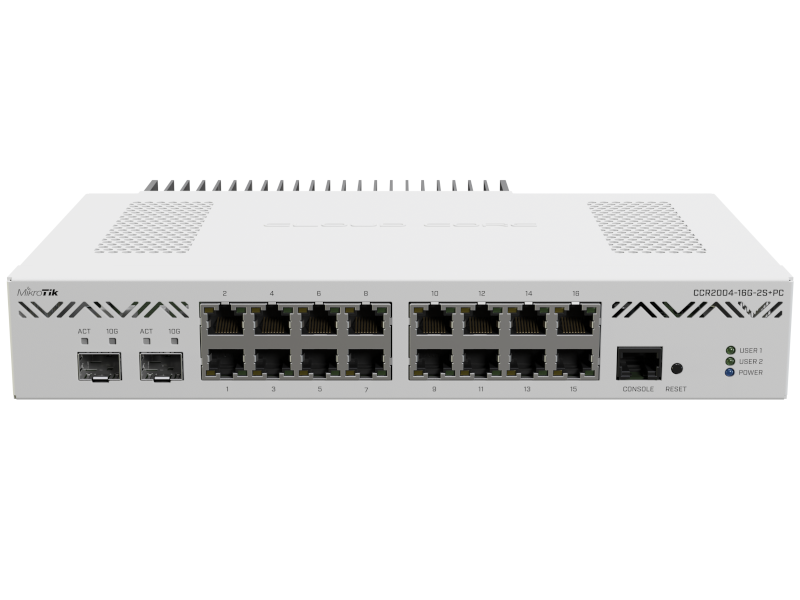 Mikrotik CCR2004-16G-2S+PC - Cloud Core Router alto rendimiento, 16 puertos gigabit, 2 SFP+ 10 GB sin ventilador
