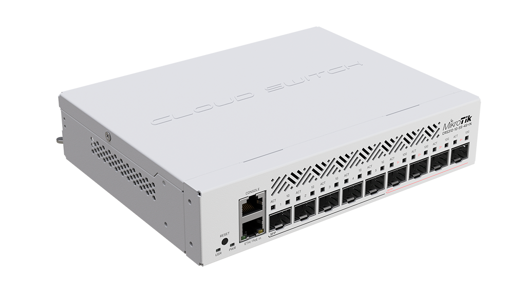 Mikrotik CRS310-1G-5S-4S+IN Cloud Router 5 1G SFP ports, 4 10G SFP+ ports and 1 additional Gb Ethernet port. RouterOS L5 license