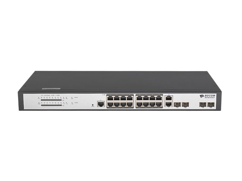 BDCOM S2520-P - Switch Ethernet POE , 20 puertos GE (1 p. de consola, 16 p. GE POE TX, 2 p. 100/1000M SFP, 2 p. GE TX/SFP Combo, FA estándar AC220V,  POE 240W