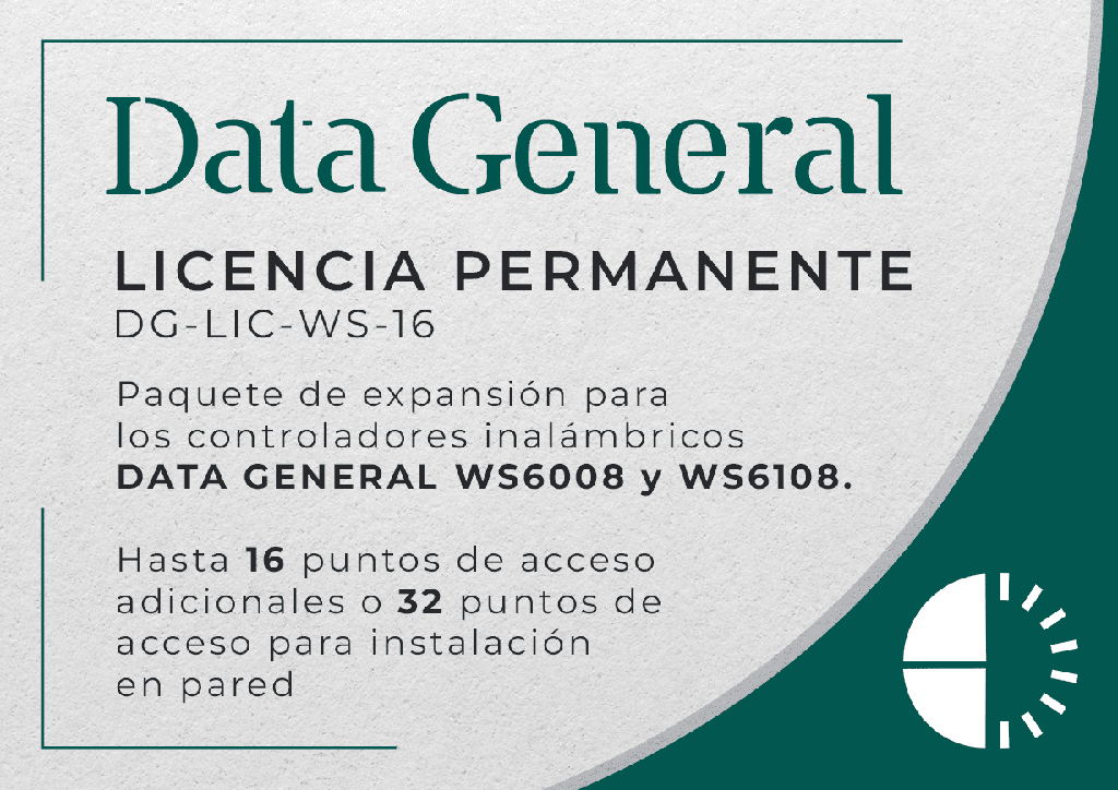 Data General Licencia permanente para WS6008 y WS6108 de 16 Puntos de Acceso adicionales (o 32 APs de pared).DG-LIC-WS-16