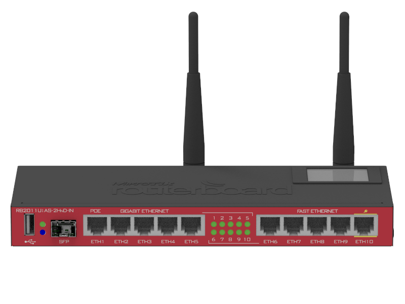 Mikrotik Routerboard RB2011UiAS-2H-IN - Router 5 RJ45 100 Mbps 5 RJ45 gigabit, 1 SFP y WiFi N 2.4 GHz. RouterOS L5