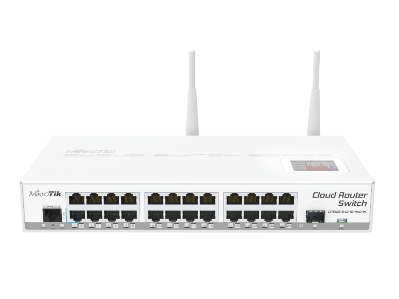 Mikrotik CRS125-24G-1S-2HnD-IN Cloud Router Indoor Switch 24 Gigabit ethernet ports 1 SFP slot WiFi 802.11N 2.4 Ghz. RouterOS L5